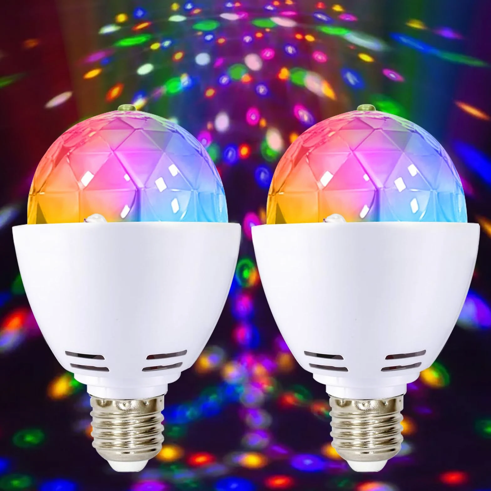 2 x oświetlenie imprezowe LED, E27, 3 W, RGB, kula dyskotekowa, obracana o 360°, lampa dyskotekowa LED do oprawy E27, dekoracja na wesele, urodziny, Halloween, Boże Narodzenie
